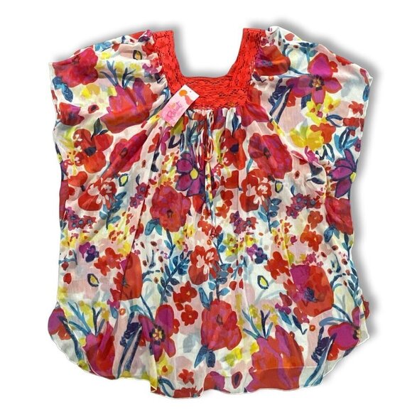 New Recruit Maternity Top Large Red Floral Chiffon Crochet Loungewear Sheer Cozy - Picture 3 of 11